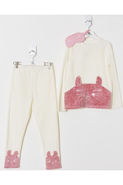 Wonder Kids Kiz Cocuk Ekru Pembe Kedi Baskili Pijama Takimi Trendyol