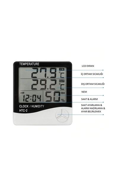 htc 2 dijital termometre higrometre sicaklik nem olcer saat alarm