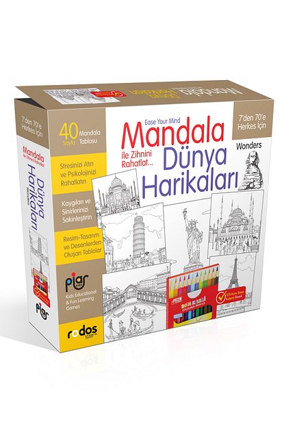 mandala dunya harikalari 7 den 70 e herkes icin 12 li kuru boya kalemi ilaveli