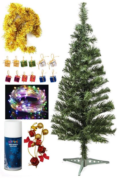 Parti Dolabı 120 Cm Yılbaşı Çam Ağaç Seti 5 Metre Peri Led Işıklı Ve