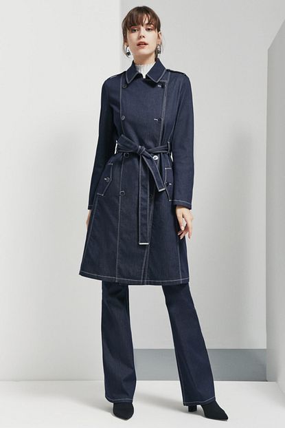 amadika denim gorunumlu beli kusakli indigo trenckot