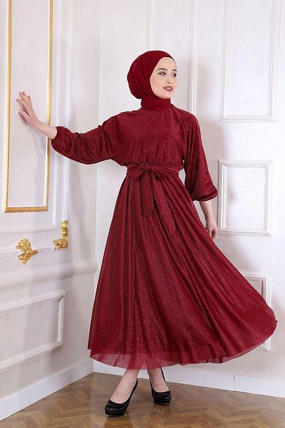 giyim kusak detayli shine abiye bordo