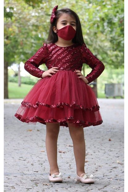 kiz cocuk serit parildayan maskeli bordo abiye