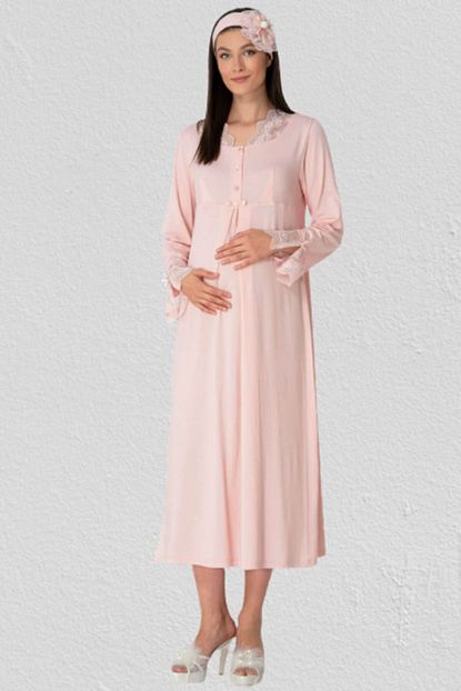 Shop Mood Kadin Pudra Pembe Dantelli Hamile Gecelik Trendyol