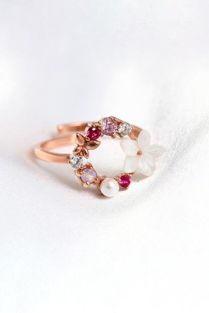 Lotus Gumus Kadin Pembe 14k Rose Altin Kaplama Orkide Ve Renkli Tasli Yuzuk Trendyol