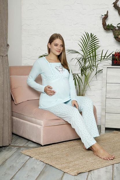 Boyraz Kadin Mavi Hamile Pijama Takimi Emzirmeli Uzun Kol Takim 7102 Trendyol
