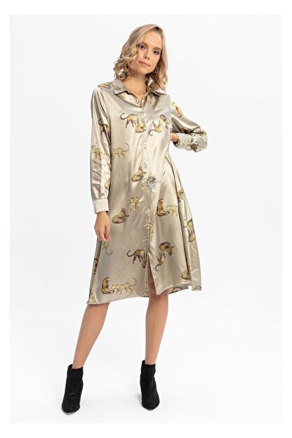 Tiffany Tomato Leopar Desenli Midi Gomlek Elbise Haki Fiyati Yorumlari Trendyol