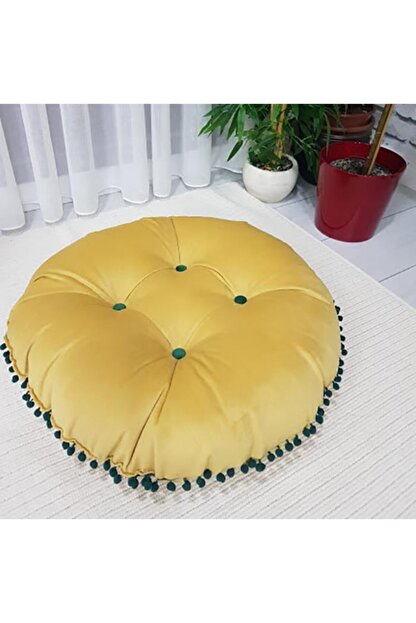 evimstil sari dugmeli yer minderi iclikli 50 cm capinda haki ponponlu fiyati yorumlari trendyol