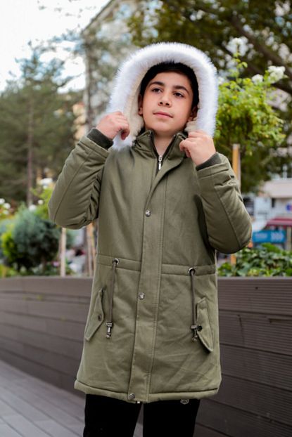 Pina Kids Haki Yesil Kapusonlu Erkek Cocuk Uzun Mont Trendyol