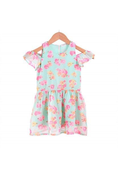 Breeze Kiz Cocuk Elbise Cicekli Sifon Yesil Pembe Trendyol