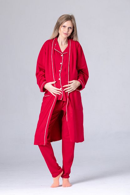 Pijama Denizi Luks Lohusa Pijama Takimi Seti 100 Pamuk Koyu Kirmizi Trendyol