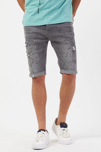 Denim Republic Erkek Gri Yirtik Kapri Kot Sort Bermuda Dar Kesim Trendyol