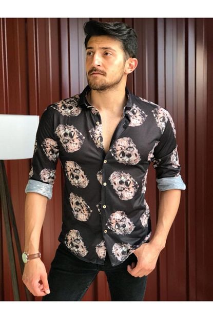 Zahirfashion Erkek Siyah Pamuklu Desenli Gomlek Trendyol