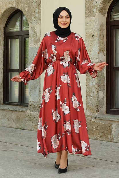 Feiza Collection Cicekli Saten Tesettur Elbise Kiremit Trendyol