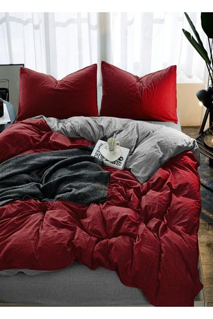 Always 100 Dogal Pamuklu Cift Kisilik Nevresim Takimi Kirmizi Gri 22334 Trendyol