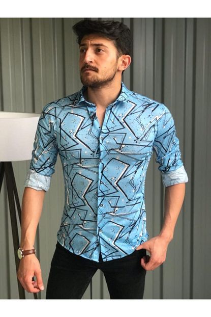 Zahirfashion Erkek Mavi Pamuklu Desenli Gomlek Trendyol