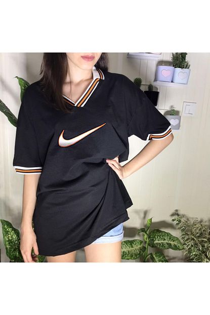 Bulut Giyim Kadin Siyah Imitasyon Oversize Unisex Yaka Detayli T Shirt Trendyol
