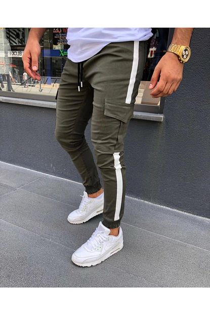 Zoom Slimfit Kesim Yandan Cizgili Bel Ve Paca Lastikli Erkek Kargo Cep Pantolon Trendyol