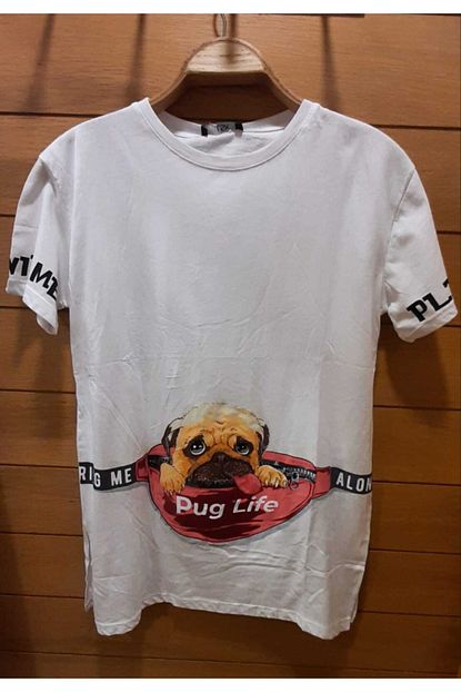 Trend Moda Kadin Beyaz Kopek Baskili Pug Life Yazili T Shirt Trendyol