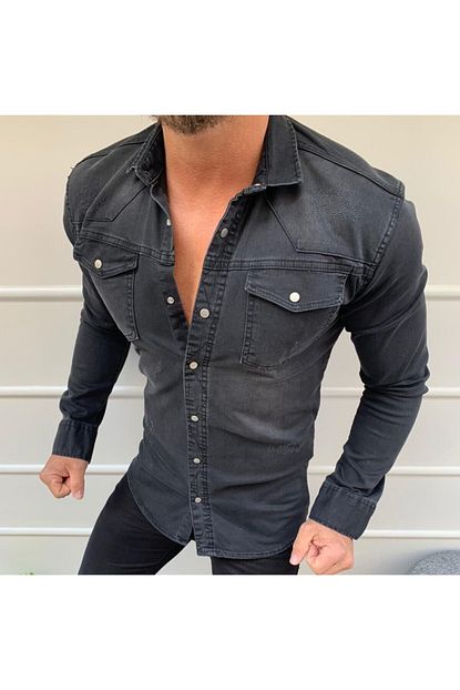 Rayyen Erkek Siyah Cift Cep Slim Fit Uzun Kol Siyah Yirtikli Kot Gomlek Trendyol