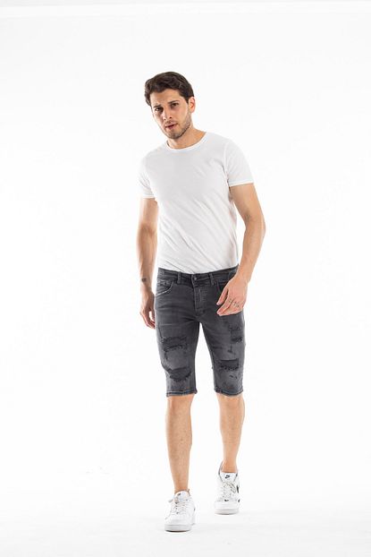 Denim Man Erkek Dar Kalip Yirtik Detayli Sort Jean Kapri Bermuda Fume Trendyol