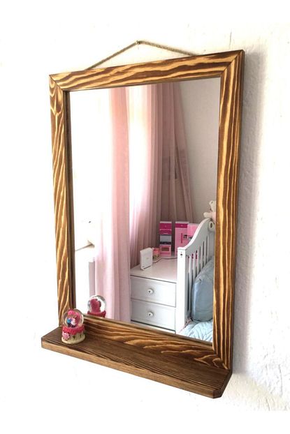 Emek Dekoratif Ahsap Ayna Raf Cok Amacli Dogal Cam 9x40x56 Cm Eskitme Trendyol
