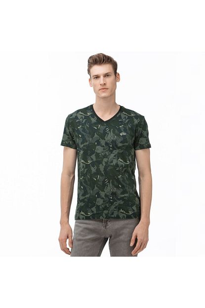 Lacoste Erkek V Yaka Desenli Haki T Shirt Trendyol