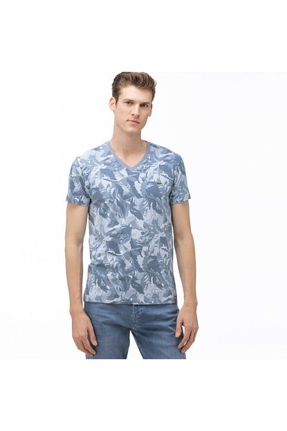 Lacoste Erkek V Yaka Desenli Mavi T Shirt Trendyol