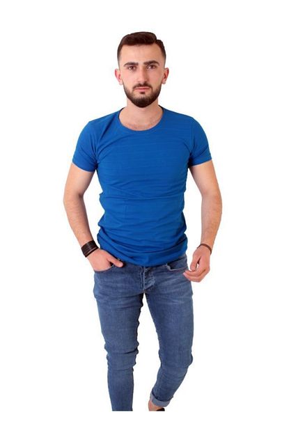 Stil Kombin Erkek Saks Mavi Salas Sifir Yaka Tisort Trendyol