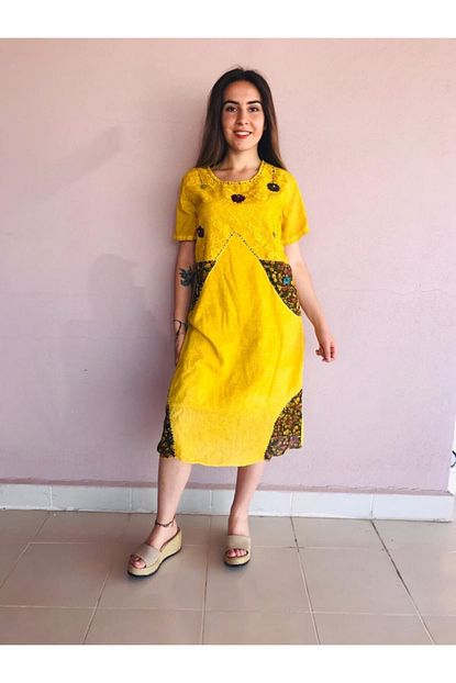Otantik Kadin Sari Etnik Model Yarim Kol Buldan Sile Bezi Elbise Trendyol
