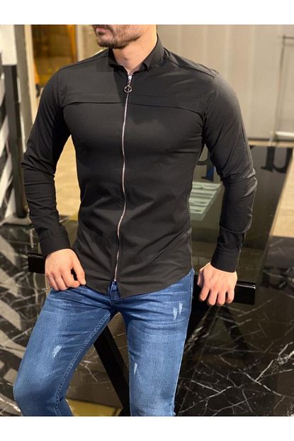 Ukdwear Erkek Siyah Ruff Slimfit Kesim Fermuarli Gomlek Trendyol