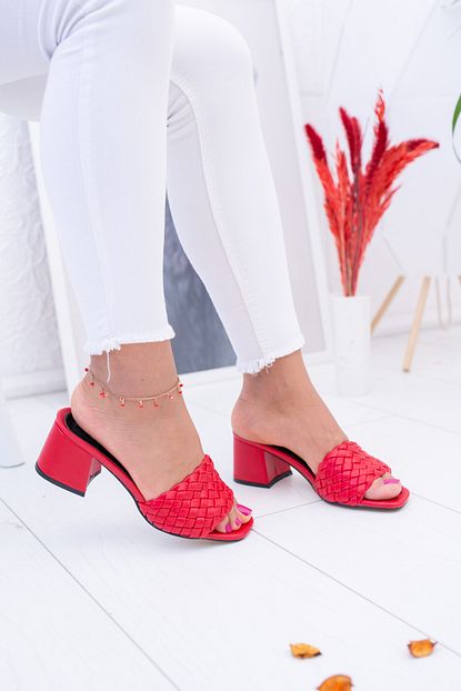 Meyra Moda Orgu Topuklu Terlik Kirmizi Trendyol