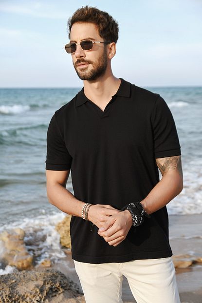 Chuba Siyah Erkek Polo Yaka Yirtmacli Spor Triko T Shirt Trendyol