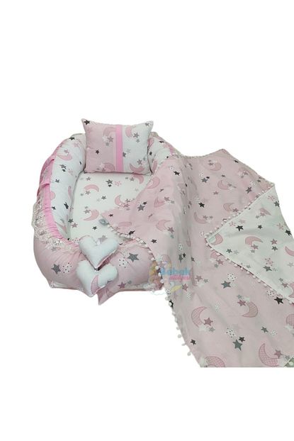 Bebek Atolyesi Bebekatolyesi Pembe Ay Desenli Babynest Ve Ponpon Battaniye Trendyol