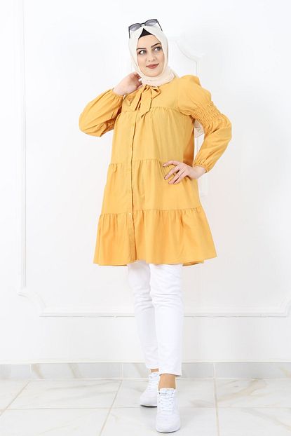 Kombinal 0258 Yakadan Kemerli Bayan Gomlek Tunik Sari Trendyol