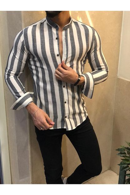 Sportactive Erkek Gri Cizgili Hakim Yaka Gomlek 01072 Trendyol