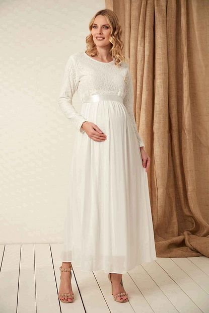 Gor Sin Hamile Babyshower Hamile Sifon Dantel Elbise Beyaz 8223 Trendyol