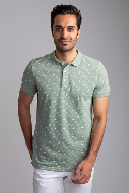 Dufy Mint Yesili Polo Yaka Baskili Erkek T Shirt Slim Fit Trendyol