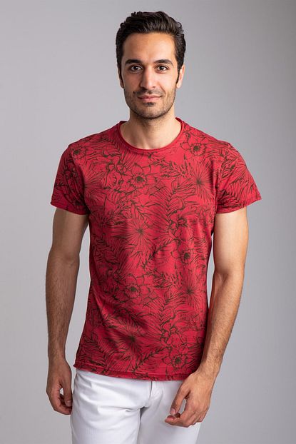 Dufy Bordo Bisiklet Yaka Cicek Desenli Erkek T Shirt Slim Fit Trendyol