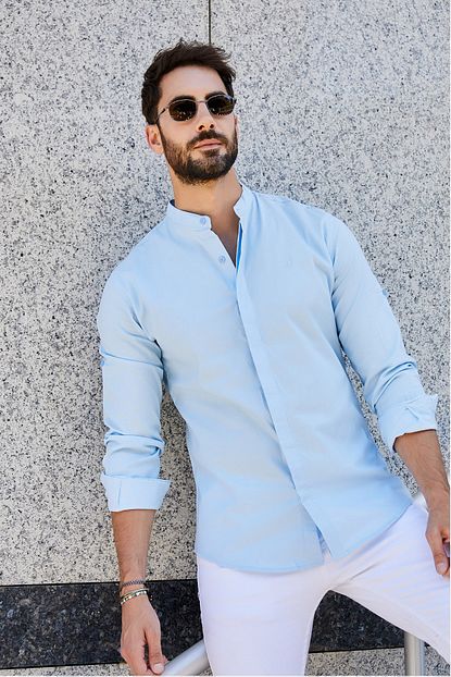 Sateen Men Erkek Mavi Uzun Kol Hakim Yaka Gomlek Trendyol