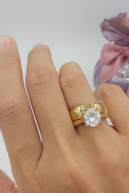 Alzey Gold Imitasyon Altin Kaplama Zirkon Tek Tas Ve Klasik Alyans Trendyol