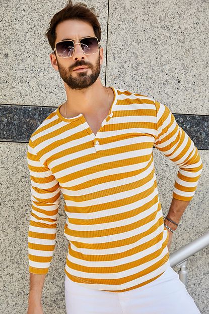 Sateen Men Erkek Sari Beyaz Cizgili Gomlek Trendyol