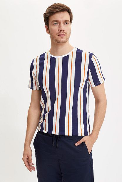 Defacto Erkek Beyaz Cizgili Regular Fit Bisiklet Yaka Pamuklu T Shirt S5052az 20hs Wt32 Trendyol
