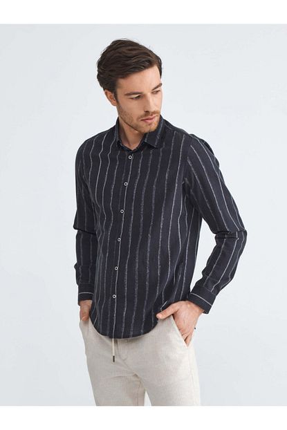 Xint Erkek Siyah Slim Fit Cizgili Gomlek Trendyol
