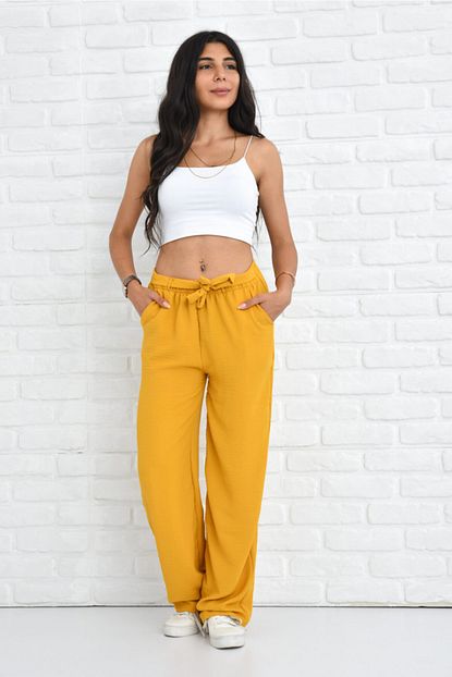 Orjinshop Kadin Sari Palazzo Yazlik Beli Lastikli Bol Paca Tiril Aerobin Pantolon Trendyol