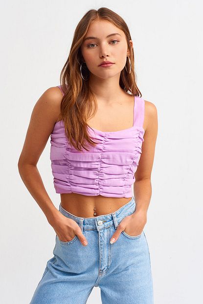 Dilvin 5812 Askili Buzgulu Crop Top Bluz Lila Trendyol