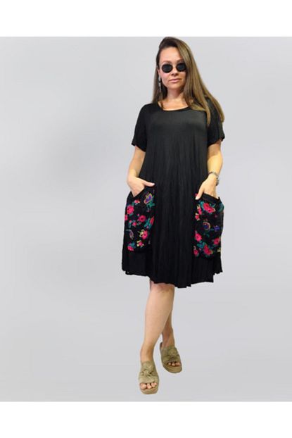 Park Moda Kadin Siyah Penye Otantik Desen Torba Cepli Yarim Kol Elbise Trendyol