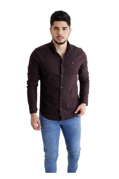 Stil Kombin Erkek Bordo Cepsiz Ince Cizgili Gomlek Trendyol