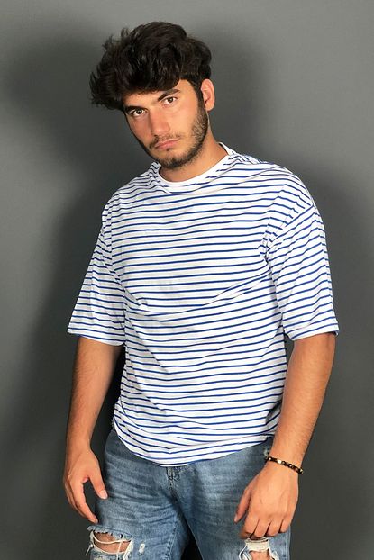 Aksesuargo Mavi Beyaz Cizgili Tisort Unisex Oversize T Shirt Trendyol