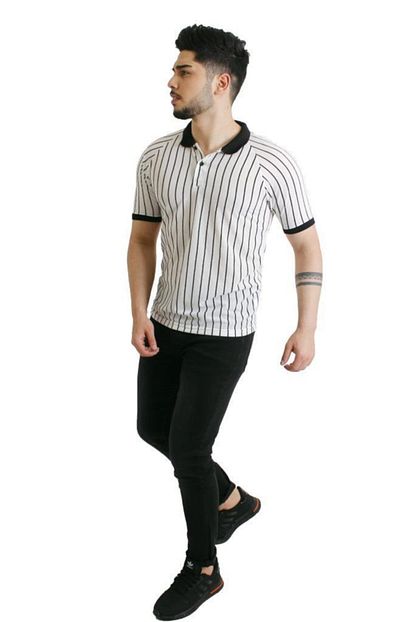 Stil Kombin Erkek Beyaz Ince Dikey Cizgili Polo Yaka T Shirt Trendyol